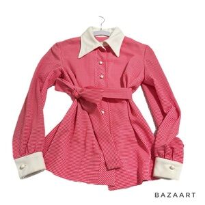 Vintage Dessy Creations NY‎ Long Sleeve Gingham Collared Button Front Blouse Top